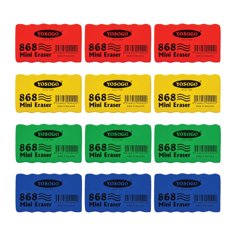 Yosogo Mini-Sized Dry-Erase Whiteboard Erasers - Pack of 12 | Compact and Lightweight for Classroom, Home, and Office Use | Non-Magnetic Felt Fabric (Assorted Colors) - Image 1